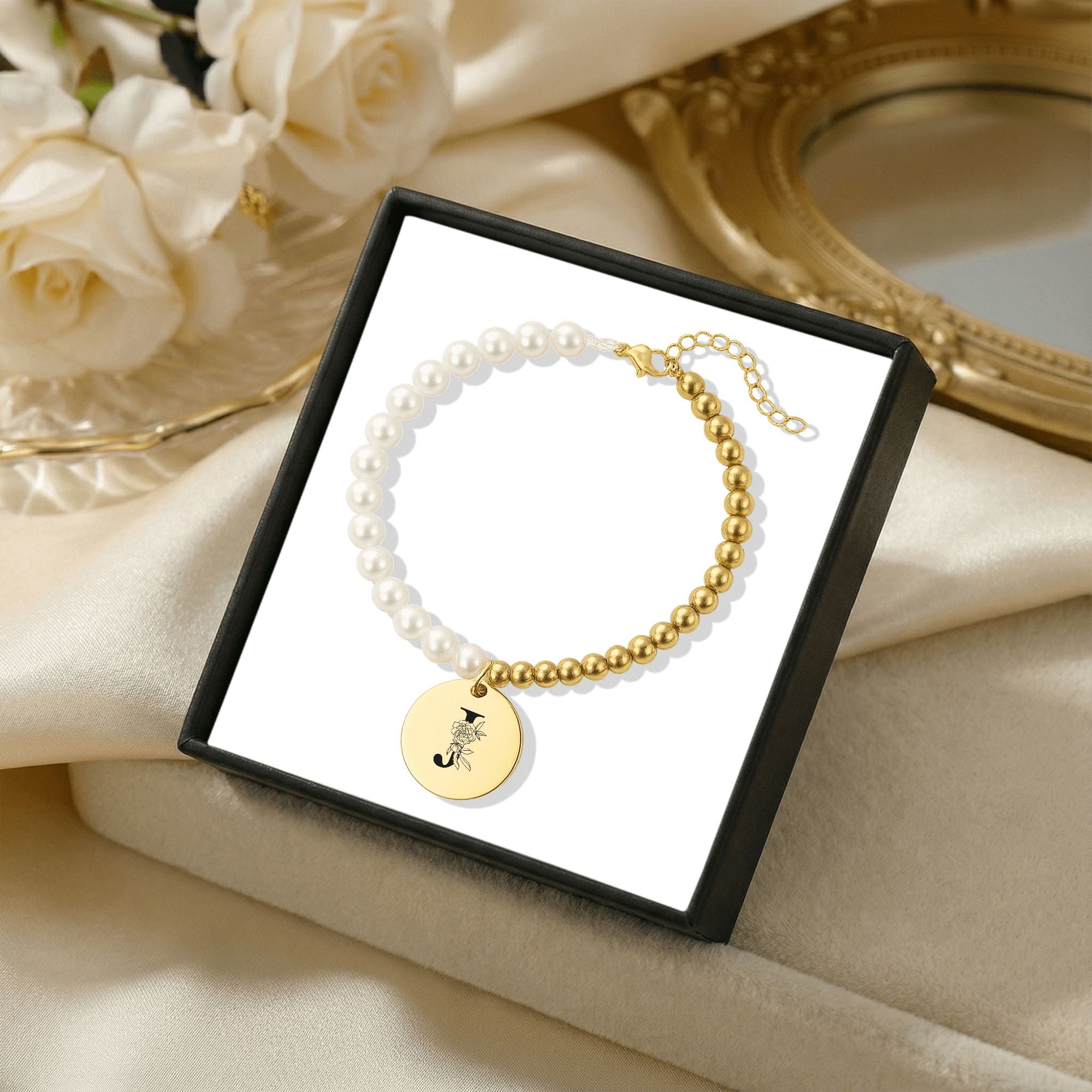 Premium Pearl & Gold Coin Bracelet: Your Initials