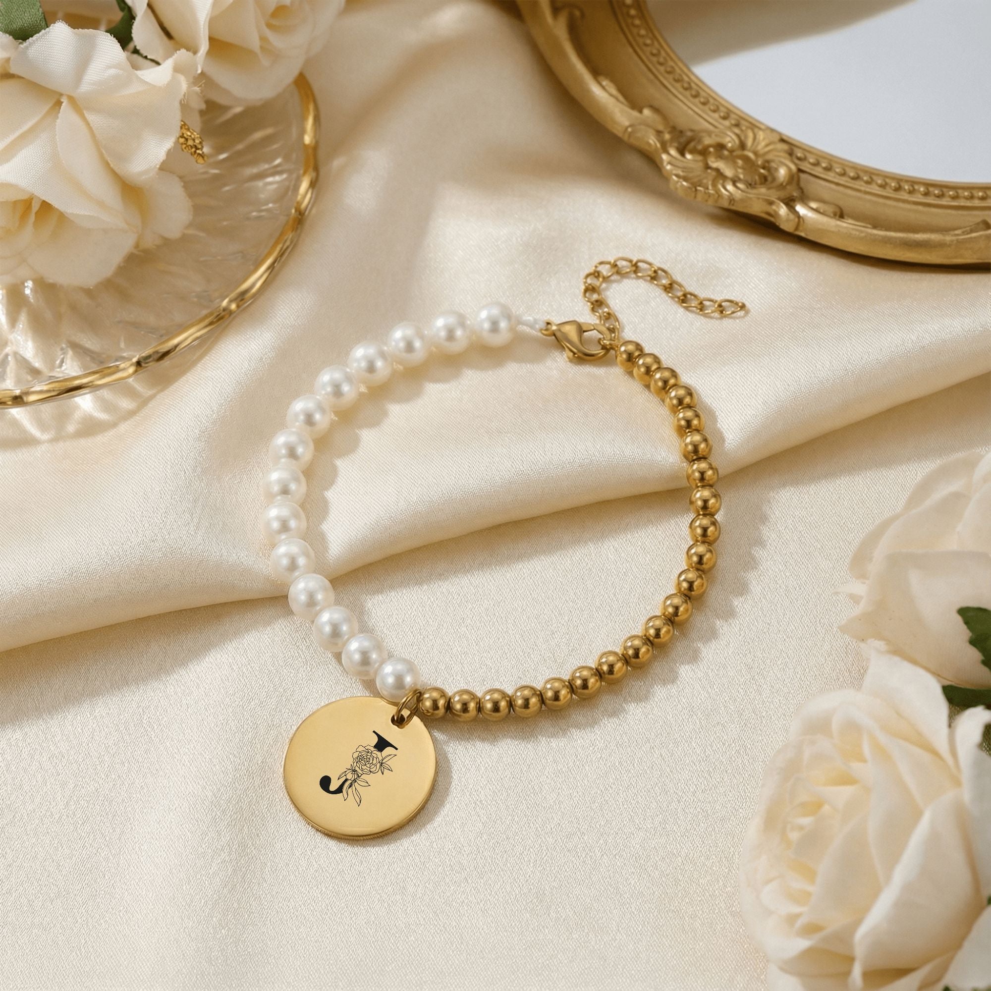 Premium Pearl & Gold Coin Bracelet: Your Initials