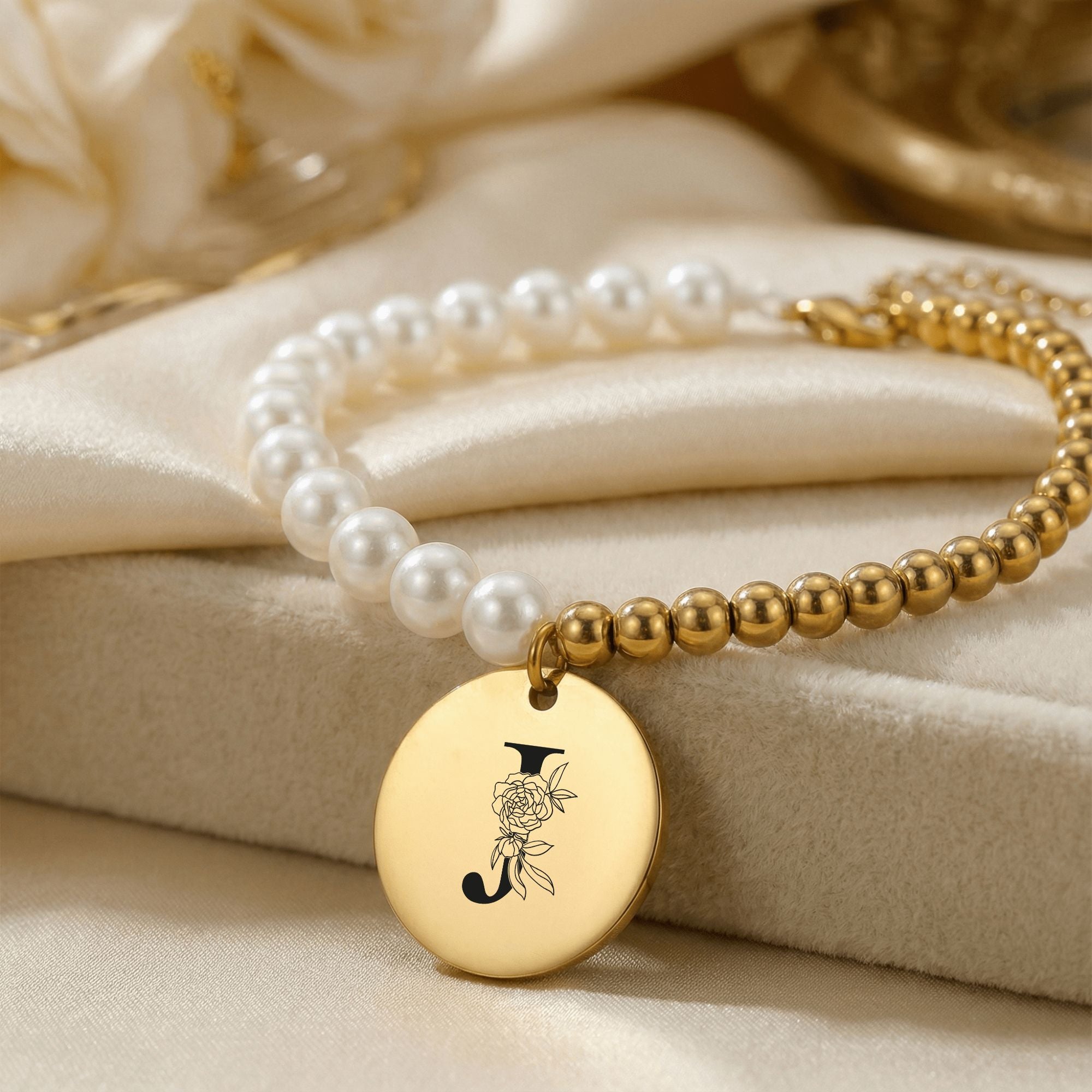 Premium Pearl & Gold Coin Bracelet: Your Initials