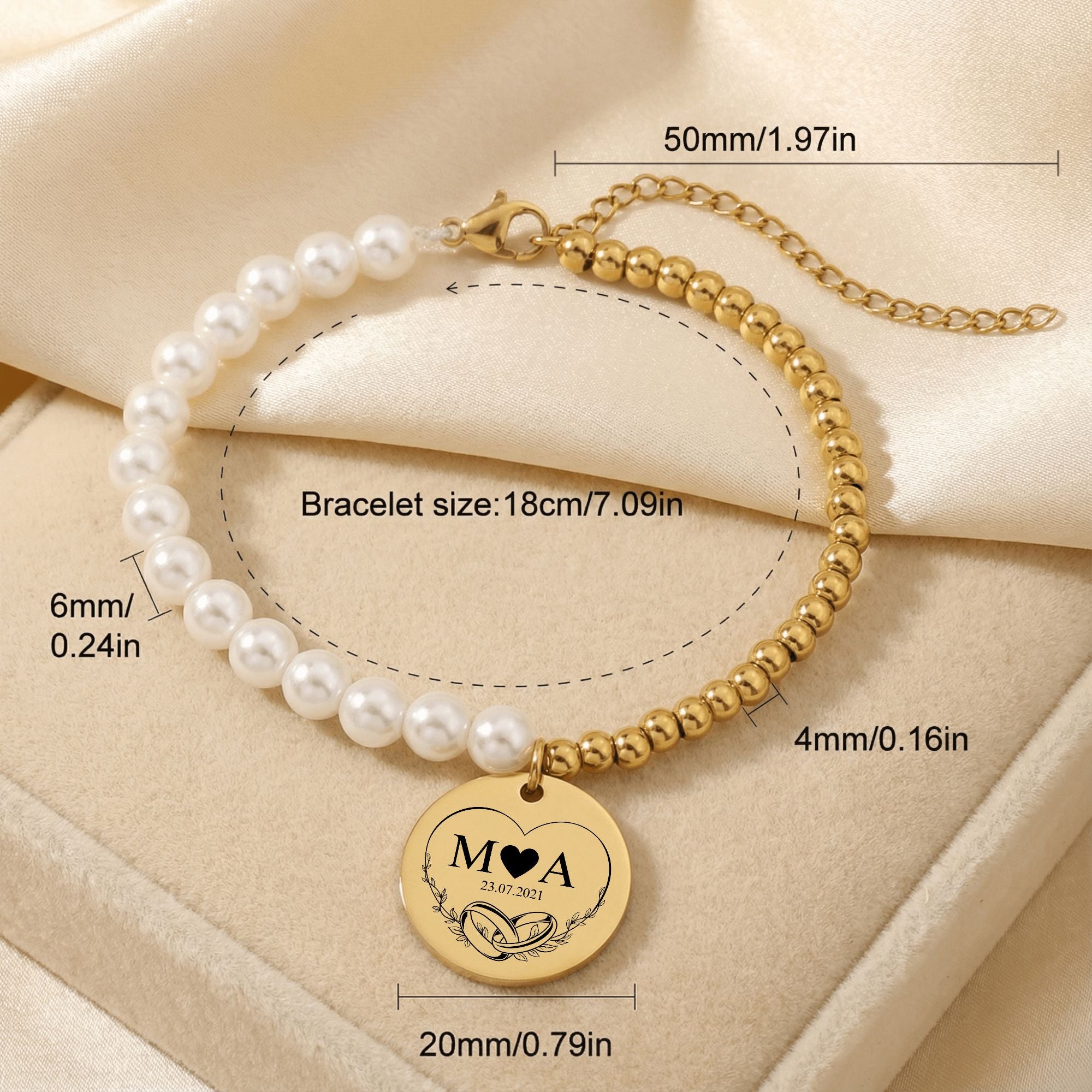 Premium Pearl & Gold Coin Bracelet: Customised message