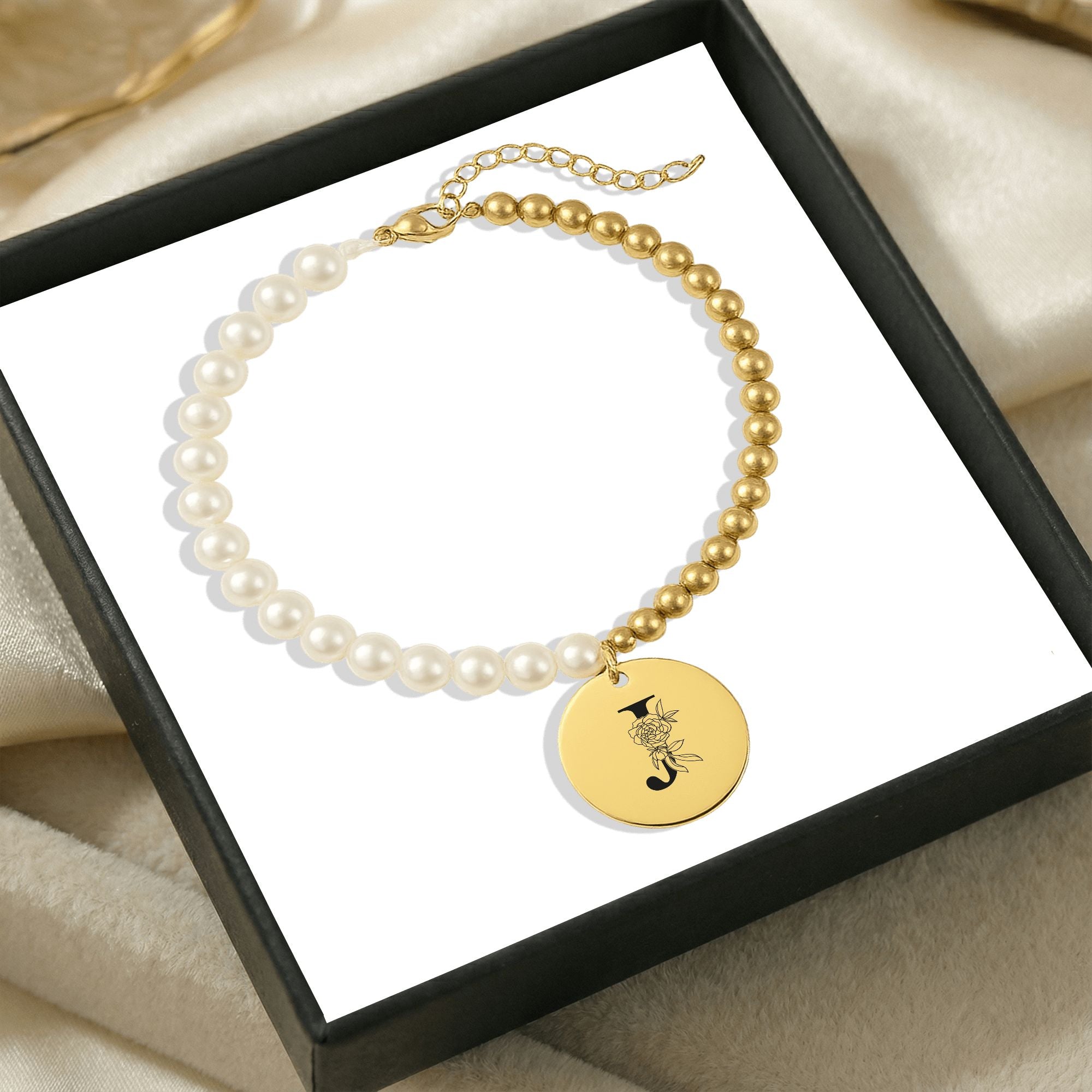 Premium Pearl & Gold Coin Bracelet: Your Initials