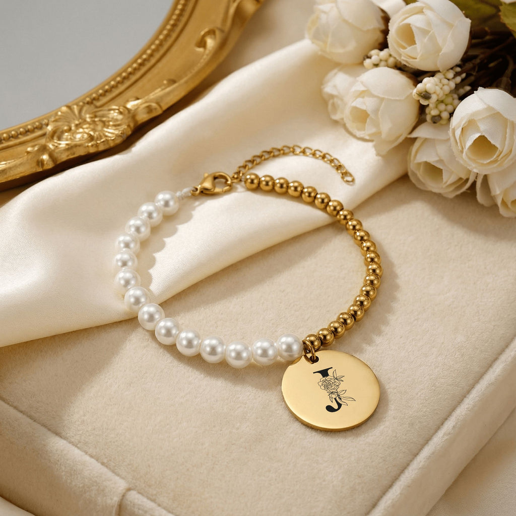 Premium Pearl & Gold Coin Bracelet: Your Initials