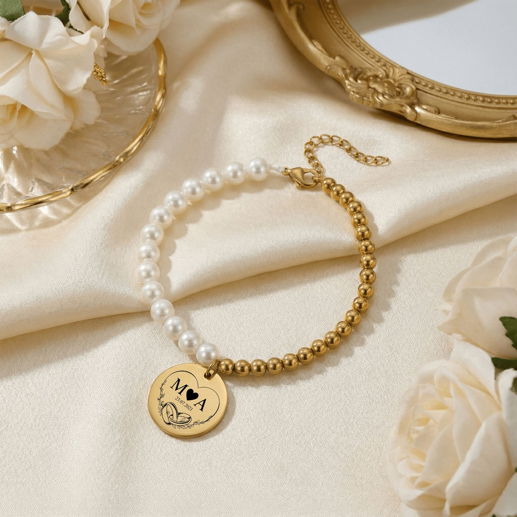 Premium Pearl & Gold Coin Bracelet: Customised message