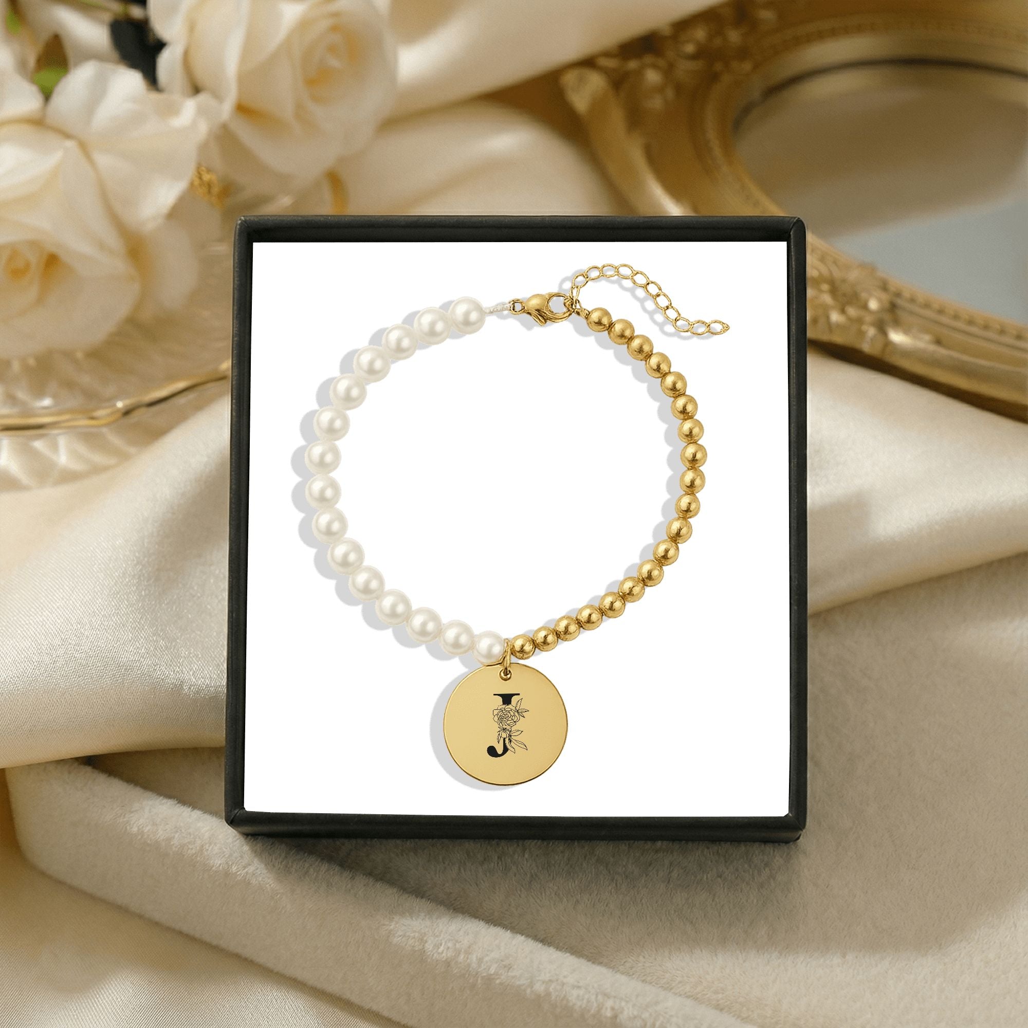 Premium Pearl & Gold Coin Bracelet: Your Initials