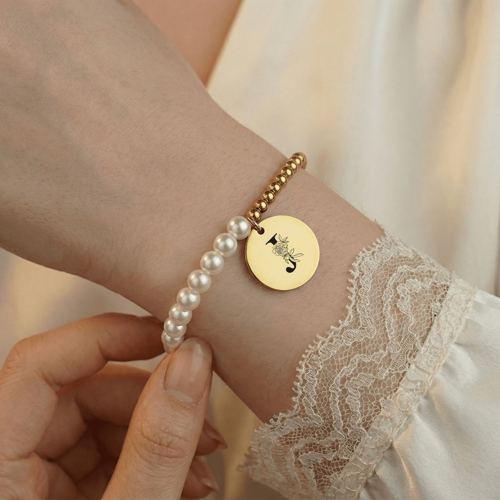 Premium Pearl & Gold Coin Bracelet: Your Initials